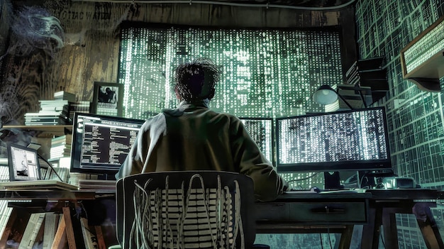 A man sits poised at his desk surrounded by multiple computer monitors engaged in hacking and manipulating data