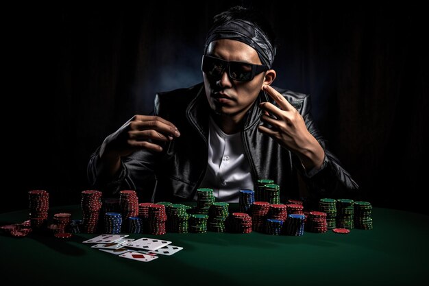 Premium Photo  A man sits at a poker table with chips and a black jacket.