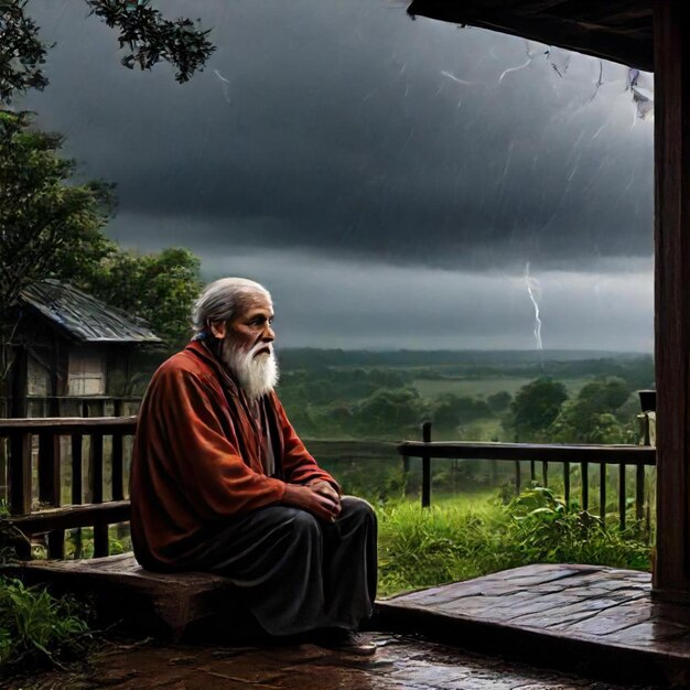 Foto un uomo si siede su un portico con un fulmine sullo sfondo