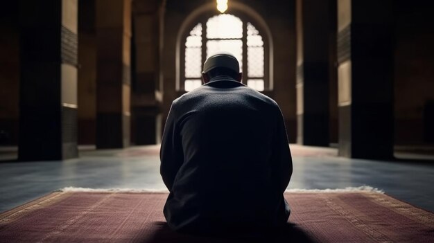 A man sits on a prayer rug in a mosque.