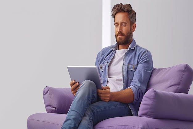 a man sits on a purple couch and uses a tablet