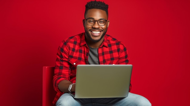 A man sits on a red chair with a laptop in front of him