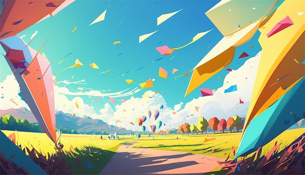 A man sits on a road with a kite in the sky.