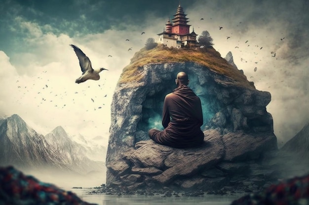 A man sits on a rock in front of a mountain and looks at a small house with a bird flying above him.