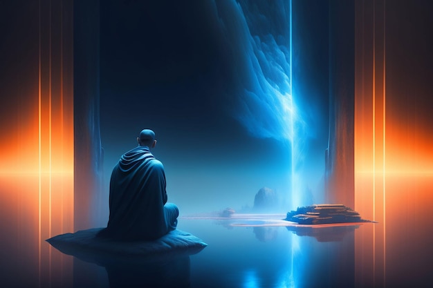 A man sits on a rock in front of a pillar that has a blue light on it.