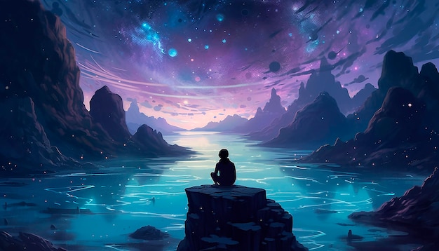 A man sits on a rock looking at the sky and the universe is visible.