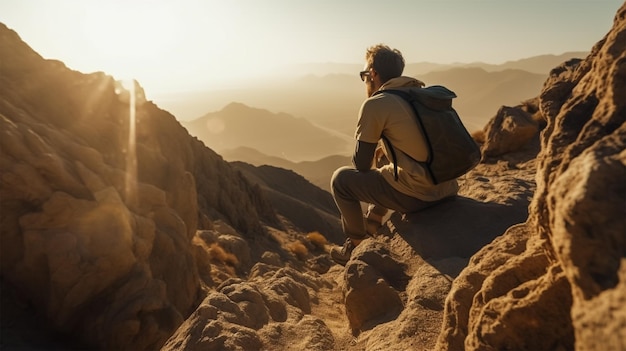 A man sits on a rock looking at the sunset.