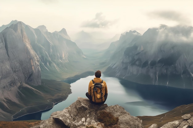 A man sits on a rock overlooking a lake and looks at the mountains.