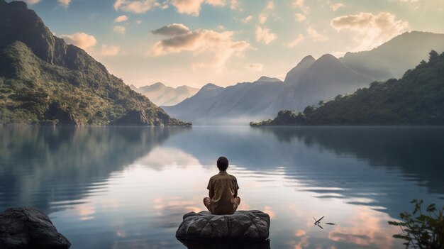 湖と山を見下ろす岩の上に座っている男