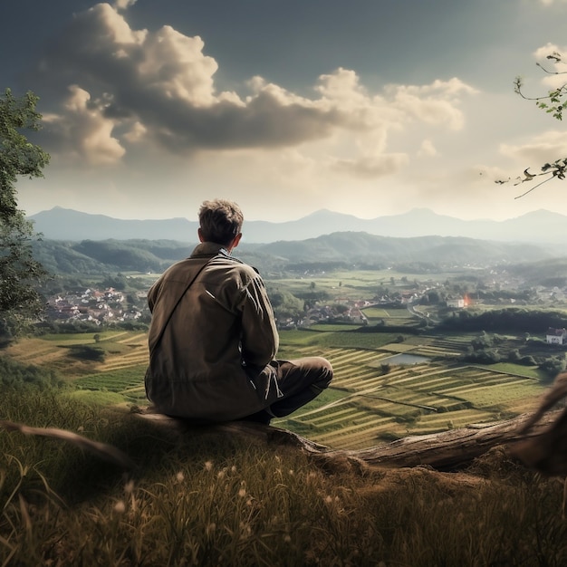 a man sits on a rock overlooking a village and mountains.