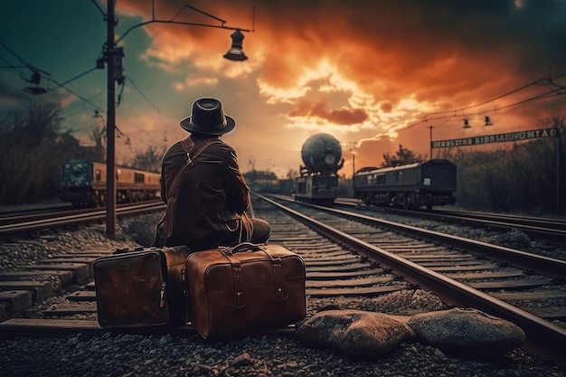 A man sits on a rock next to a piece of luggage