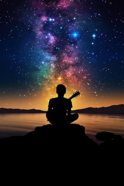 A man sits on a rock and plays the guitar in front of a starry sky.