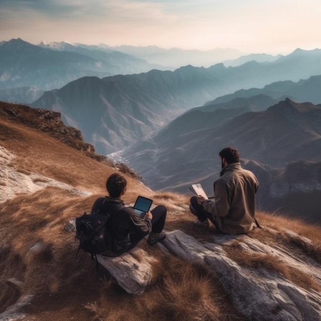 Photo a man sits on a rock reading a book with a mountain landscape in the background