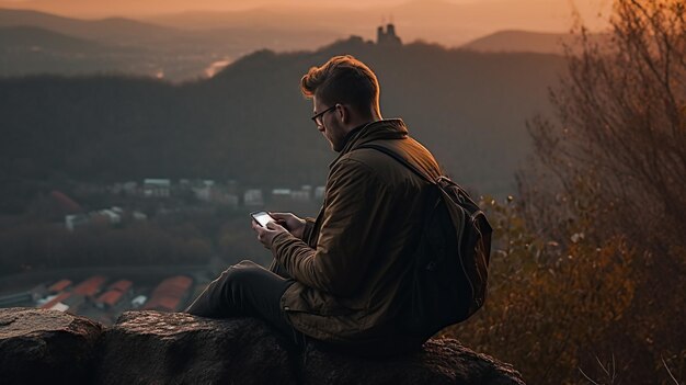 a man sits on a rock reading a book