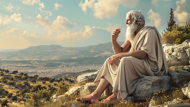 Photo a man sits on a rock and smokes a cigarette