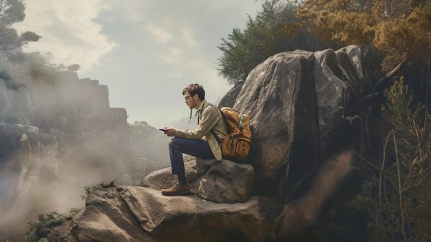 A man sits on a rock with a backpack on his left