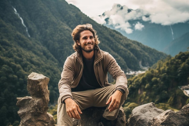 Photo a man sits on a rock with mountains in the background.