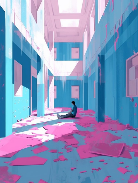 A man sits in a room with pink and blue walls and floors.