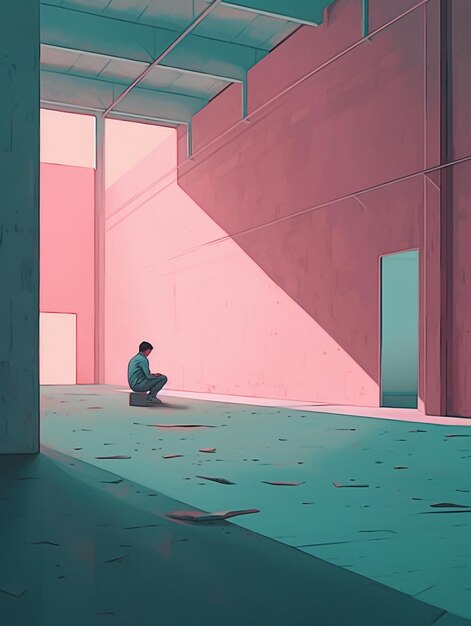 A man sits in a room with a pink wall that has the word