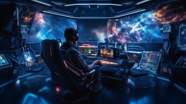 A man sits in a room with a space station in the background.