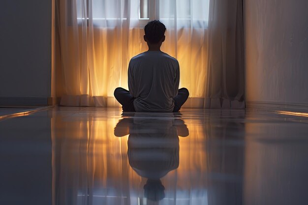 A man sits in a room with a window