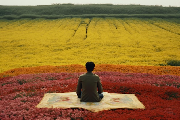 Foto un uomo siede su un tappeto in un campo di fiori, con sopra la parola tulipani.