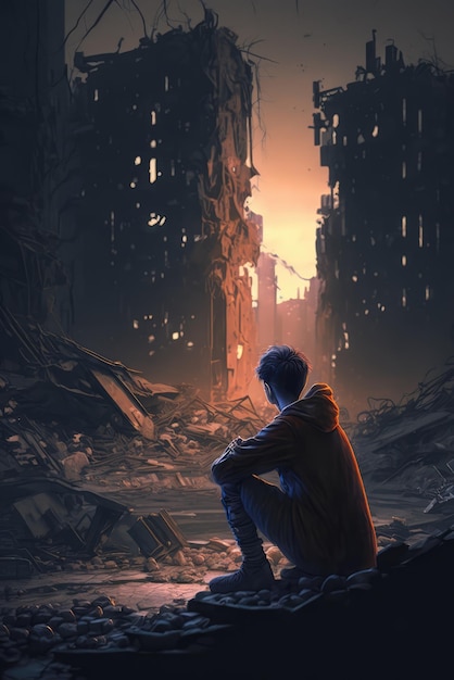 A man sits in a ruined city with the words'the city of darkness'on the cover generated ai