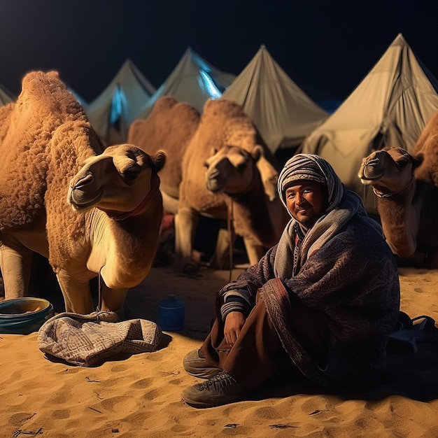 A man sits in the sand with two camels behind him.