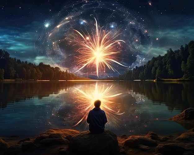 A man sits on the shore of a lake with fireworks in the sky.