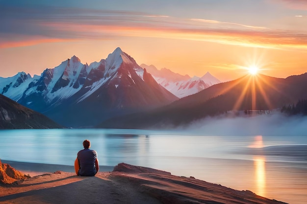 A man sits on a shore looking at a mountain range with the sun setting behind him.