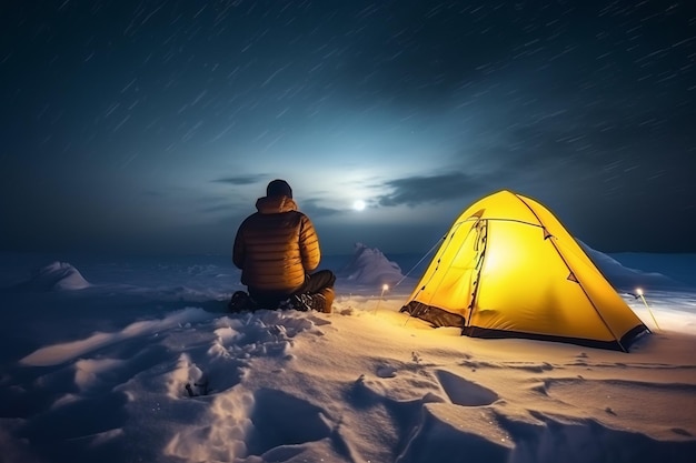 A man sits in the snow next to a yellow tent.