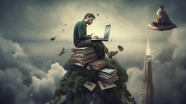 A man sits on a stack of books with a laptop on it.