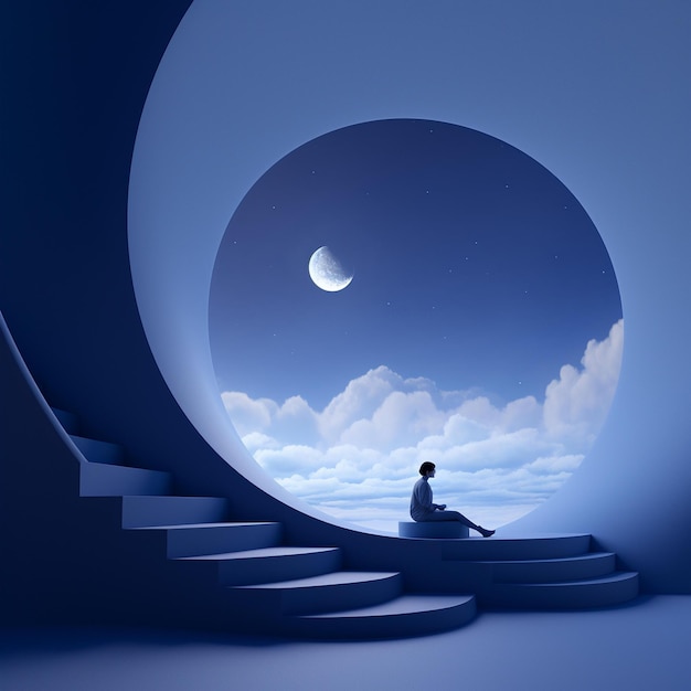 A man sits on a staircase in front of a moon and the sky is blue.