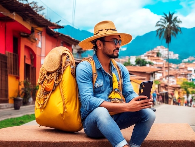 Photo a man sits on a step and looks at his phone