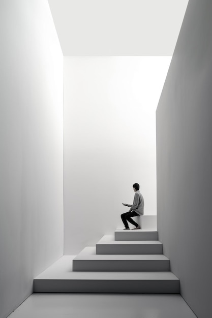 A man sits on a step in a white room with a large light on the wall.