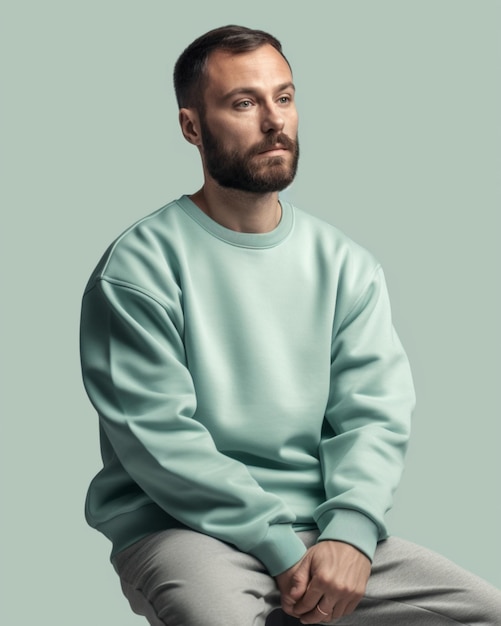A man sits on a stool wearing a green sweater and a sweater that says'i'm a man '