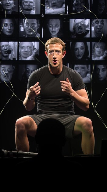 Photo a man sits on a stool with a picture of a man in a black shirt