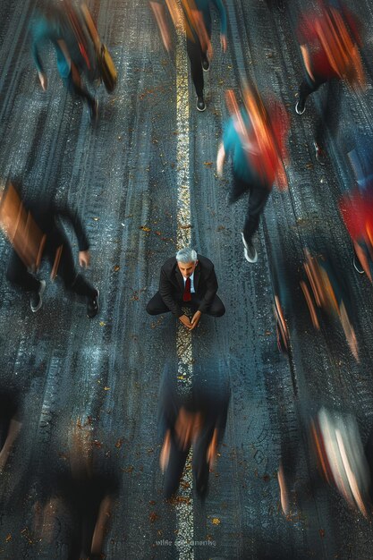 Photo a man sits on a street with a crowd of people in the background