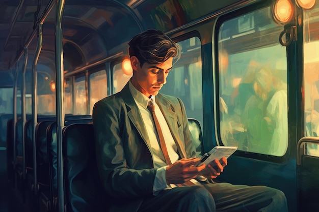 A man sits on a subway train reading a tablet.