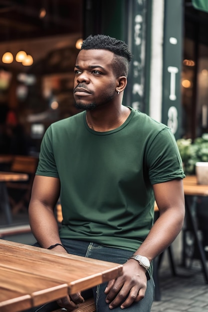 A man sits at a table in a cafe wearing a green shirt and a watch.