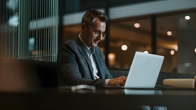 Foto un uomo è seduto a un tavolo in un ufficio buio, al lavoro su un computer portatile.