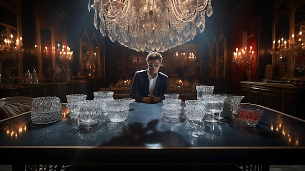 A man sits at a table in front of a chandelier that says'the man in the mirror '