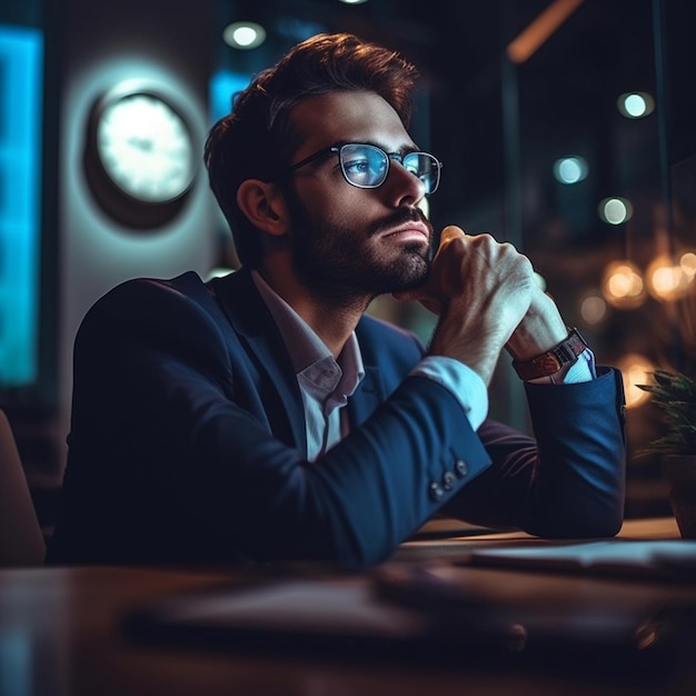 A man sits at a table in front of a clock.