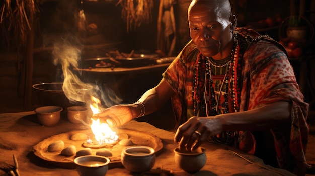 A man sits at a table in front of a crackling fire