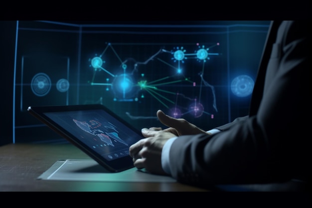 A man sits at a table in front of a screen that says'the future of technology '