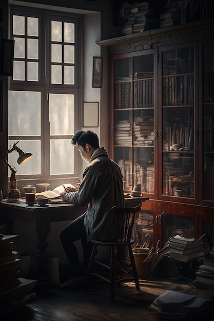 A man sits at a table in front of a window reading a book.