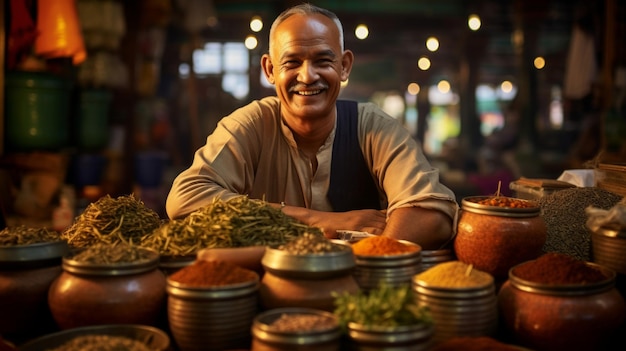 Photo a man sits behind a table full of food