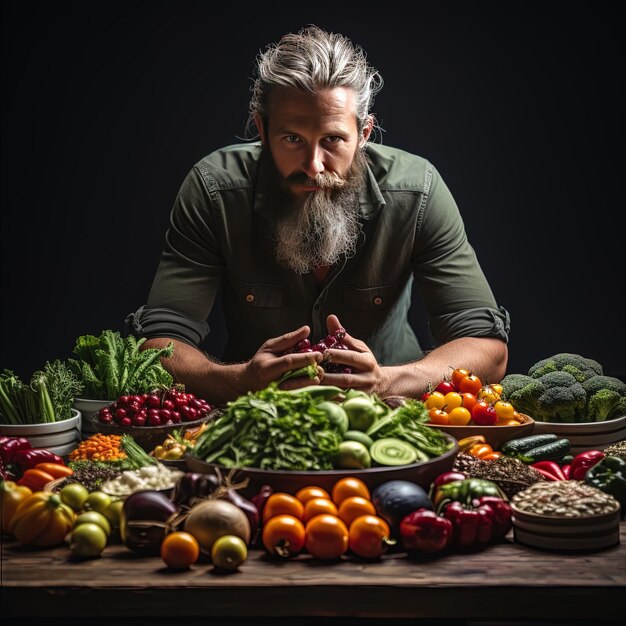 Photo a man sits behind a table full of vegetables and fruits