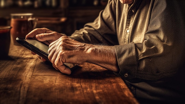 男がテーブルに座って本を読んでいます。