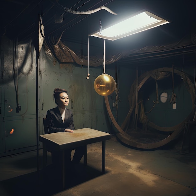 Photo a man sits at a table in a room with a large ball and a light on it